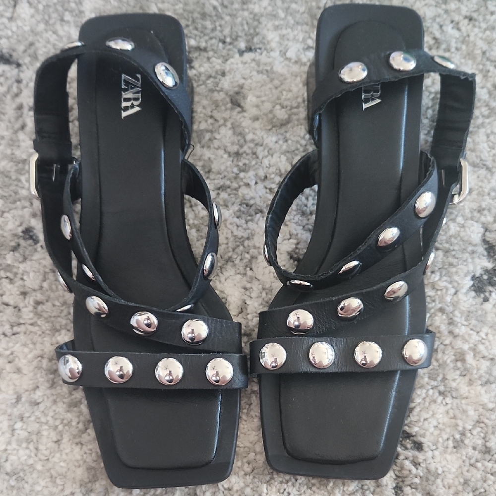 Zara Black and Silver Studded Sandals, Size 8 Or 39